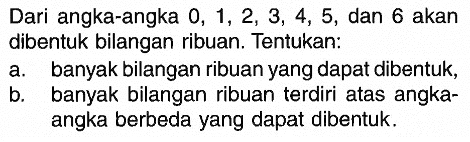 Dari angka-angka  0,1,2,3,4,5, dan 6 akan dibentuk bilangan ribuan. Tentukan:a. banyak bilangan ribuan yang dapat dibentuk,b. banyak bilangan ribuan terdiri atas angka-angka berbeda yang dapat dibentuk.