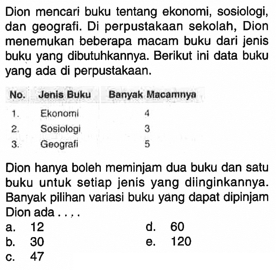 Dion mencari buku tentang ekonomi, sosiologi, dan geografi. Di perpustakaan sekolah, Dion menemukan beberapa macam buku dari jenis buku yang dibutuhkannya. Berikut ini data buku yang ada di perpustakaan.No. Jenis Buku Banyak Macamnya1. Ekonomi 42. Sosiologi 33. Geografi 5Dion hanya boleh meminjam dua buku dan satu buku untuk setiap jenis yang diinginkannya. Banyak pilihan variasi buku yang dapat dipinjam Dion ada ....