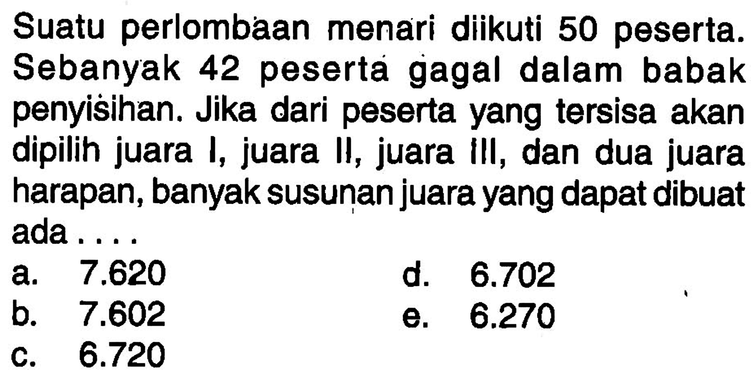 Suatu perlombaan menari diikuti 50 peserta. Sebanyak 42 peserta gagal dalam babak penyisihan. Jika dari peserta yang tersisa akan dipilih juara I, juara II, juara III, dan dua juara harapan, banyak susunan juara yang dapat dibuat ada ....