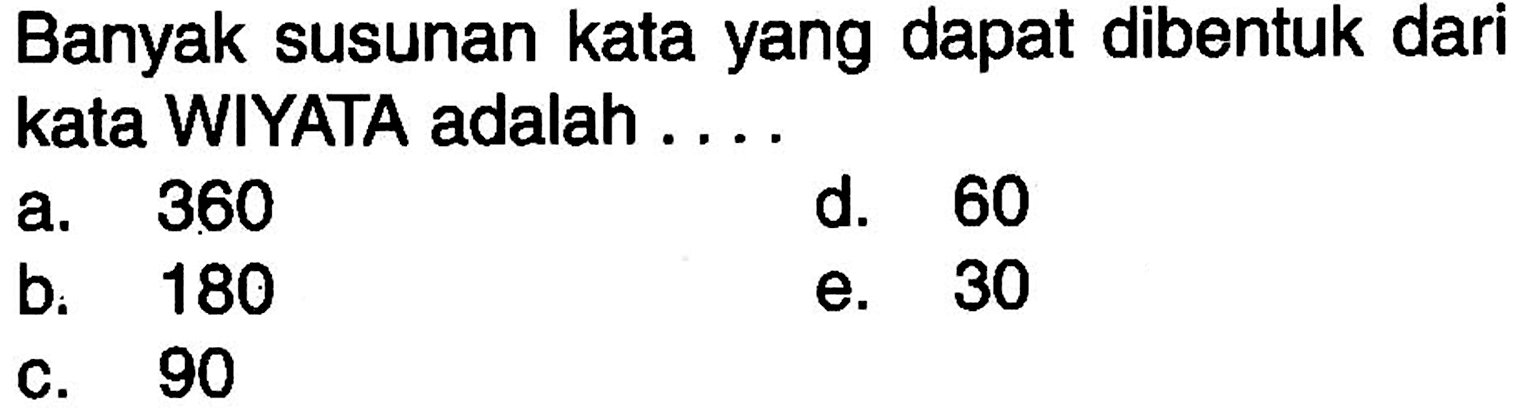 Banyak susunan kata yang dapat dibentuk dari kata WIYATA adalah.... 