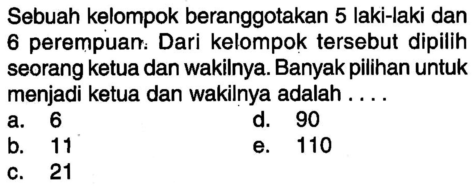 Sebuah kelompok beranggotakan 5 laki-laki dan 6 perempuan. Dari kelompok tersebut dipilih seorang ketua dan wakilnya. Banyak pilihan untuk menjadi ketua dan wakilnya adalah ....