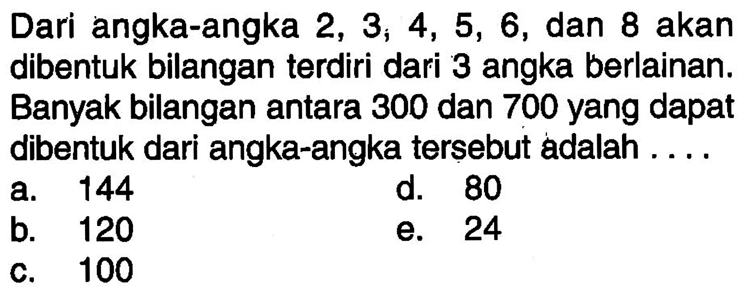 Dari angka-angka 2, 3, 4, 5, 6, dan 8 akan dibentuk bilangan terdiri dari 3 angka berlainan. Banyak bilangan antara 300 dan 700 yang dapat dibentuk dari angka-angka tersebut adalah ....