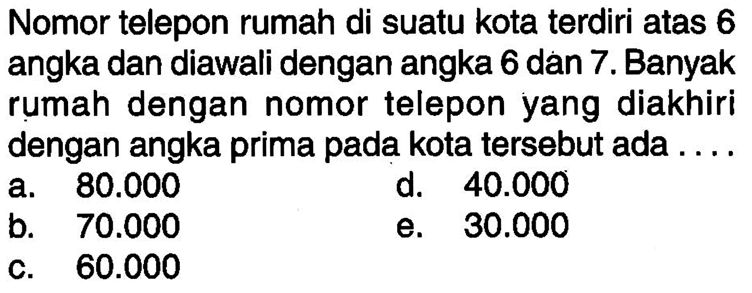 Nomor telepon rumah di suatu kota terdiri atas 6 angka dan diawali dengan angka 6 dan 7. Banyak rumah dengan nomor telepon yang diakhiri dengan angka prima pada kota tersebut ada ....