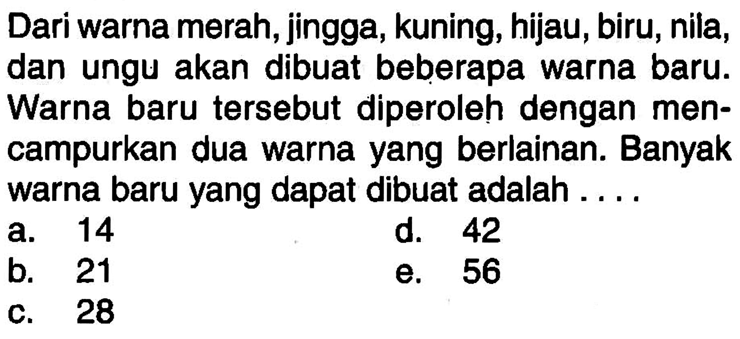 Dari warna merah, jingga, kuning, hijau, biru, nila, dan ungu akan dibuat beberapa warna baru. Warna baru tersebut diperoleh dengan mencampurkan dua warna yang berlainan. Banyak warna baru yang dapat dibuat adalah ....