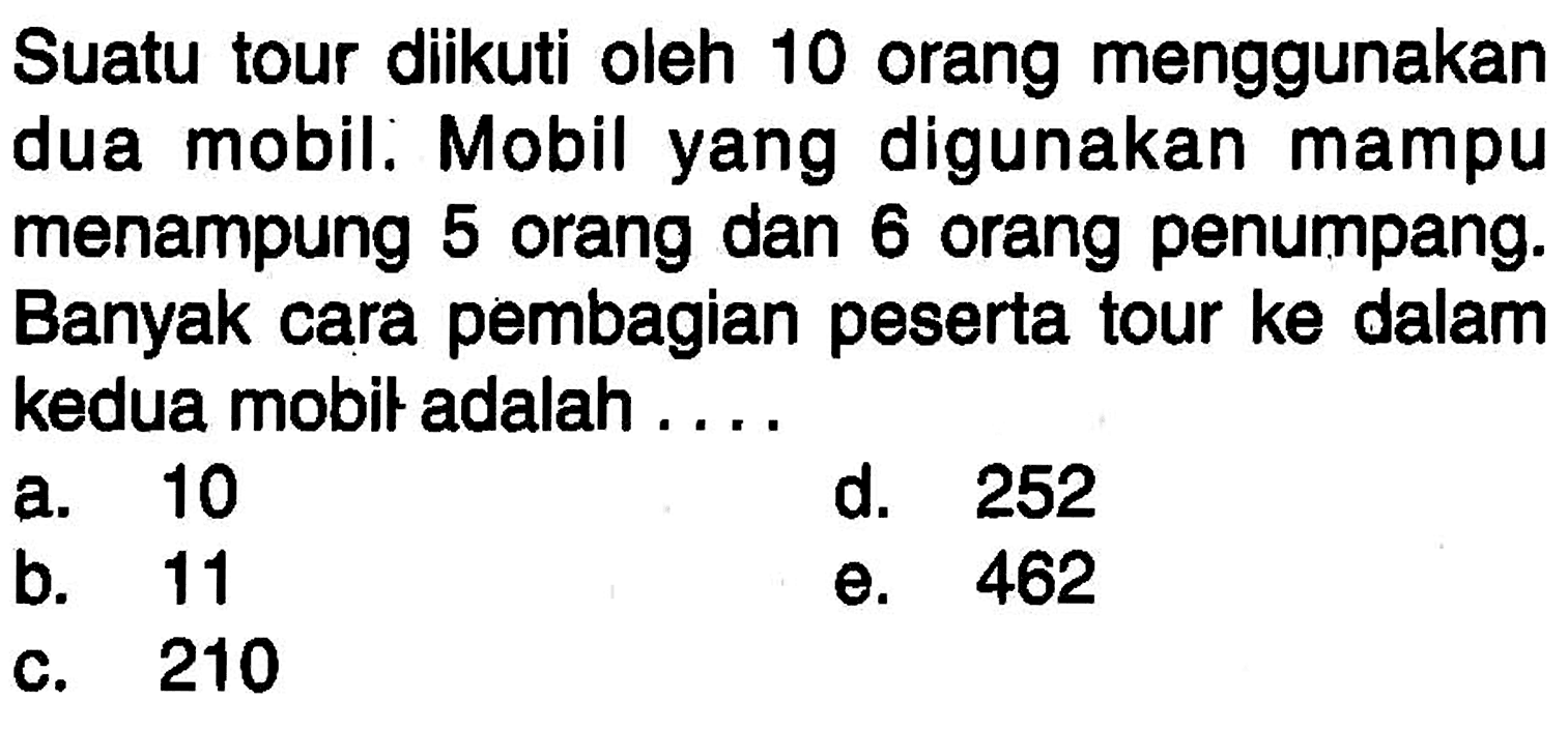 Suatu tour diikuti oleh 10 orang menggunakan dua mobil: Mobil yang digunakan mampu menampung 5 orang dan 6 orang penumpang. Banyak cara pembagian peserta tour ke dalam kedua mobil adalah ....
