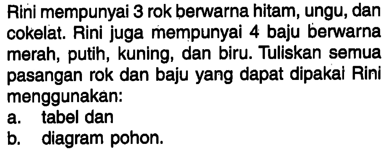 Rini mempunyai 3 rok berwarna hitam, ungu, dan cokelat. Rini juga mempunyai 4 baju berwarna merah, putih, kuning, dan biru. Tuliskan semua pasangan rok dan baju yang dapat dipakai Rini menggunakan:a. tabel danb. diagram pohon.