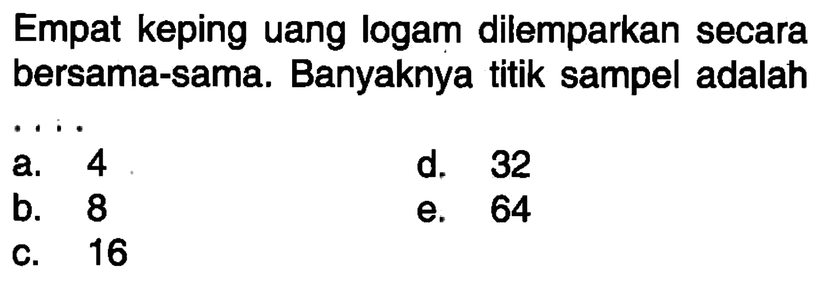 Empat keping uang logam dilemparkan secara bersama-sama. Banyaknya titik sampel adalah ....