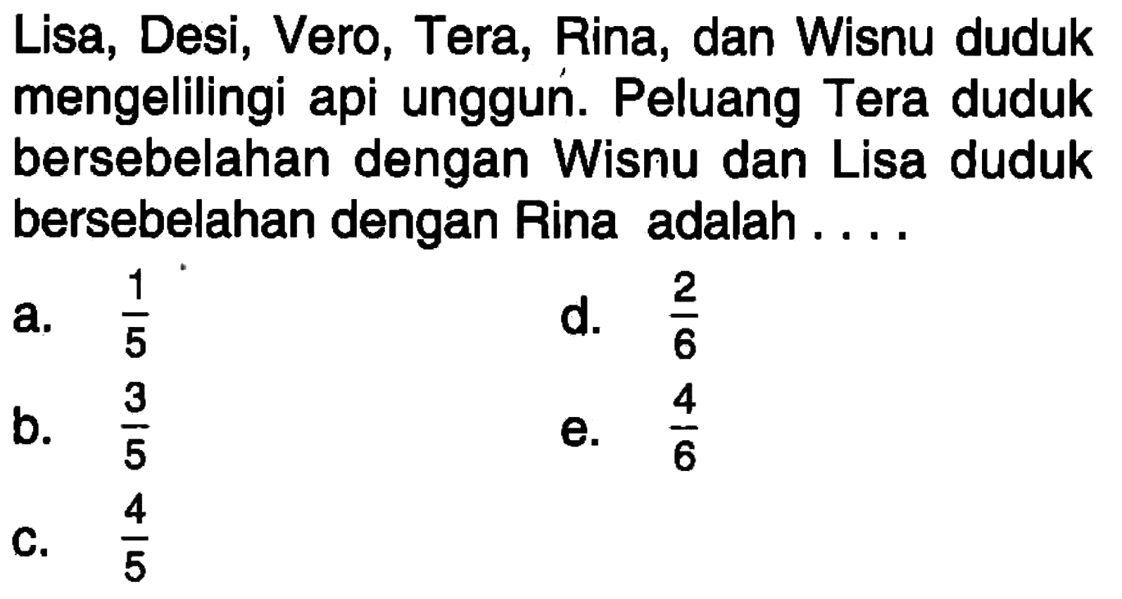 Lisa, Desi, Vero, Tera, Rina, dan Wisnu duduk mengelilingi api unggun. Peluang Tera duduk bersebelahan dengan Wisnu dan Lisa duduk bersebelahan dengan Rina adalah....