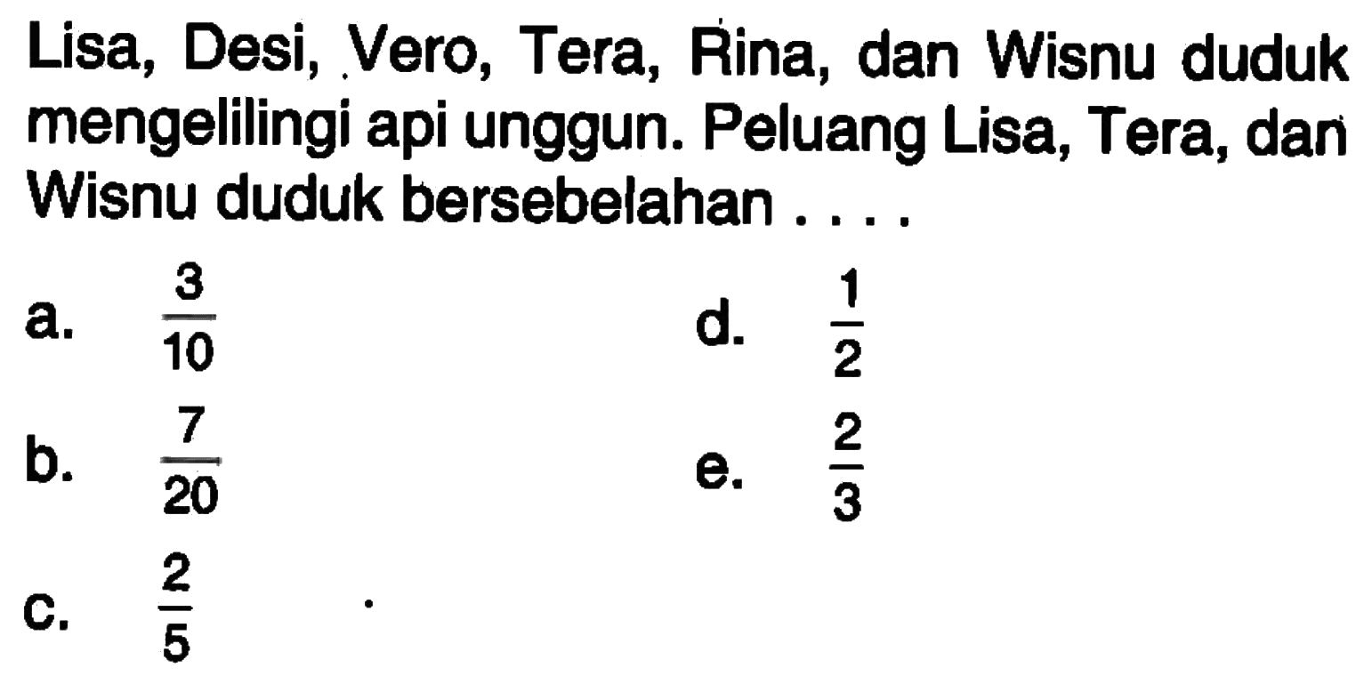 Lisa, Desi, Vero, Tera, Rina, dan Wisnu duduk mengelilingi api unggun. Peluang Lisa, Tera, dan Wisnu duduk bersebelahan ....