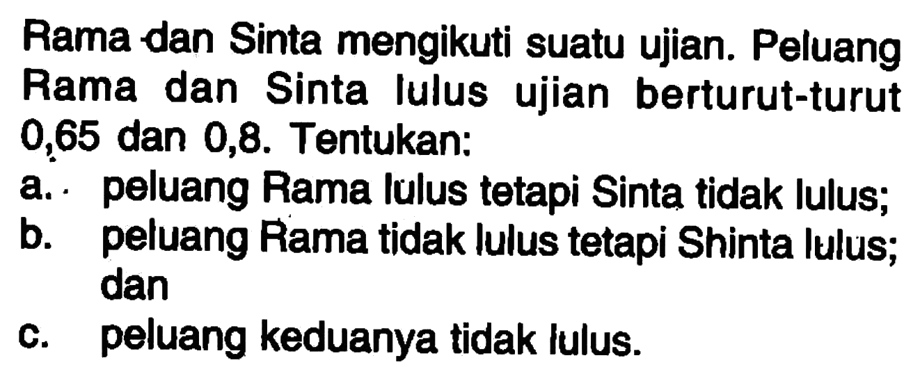 Rama dan Sinta mengikuti suatu ujian. Peluang Rama dan Sinta lulus ujian berturut-turut 0,65 dan 0,8. Tentukan:a. peluang Rama lulus tetapi Sinta tidak lulus; b. peluang Rama tidak lulus tetapi Shinta lulus; dan c. peluang keduanya tidak lulus. 