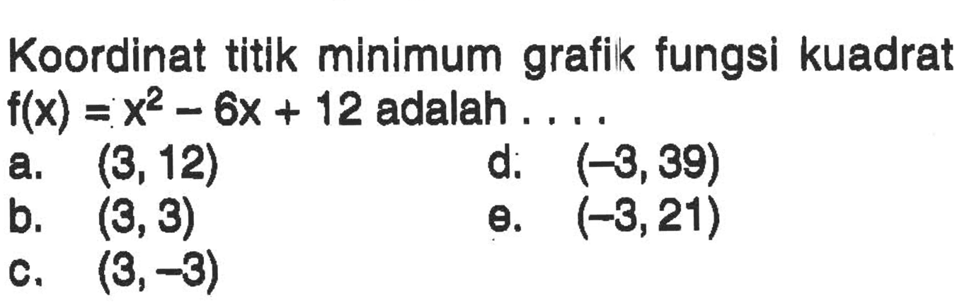 Koordinat titik minimum grafik fungsi kuadrat f(x) = x^2 - 6x + 12 adalah . . . . a. (3,12) b. (3,3) c. (3,-3) d. (-3,39) e. (-3,21)