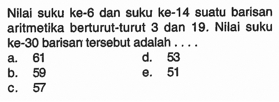 Nilai suku ke-6 dan suku ke-14 suatu barisan aritmetika berturut-turut 3 dan 19. Nilai suku ke-30 barisan tersebut adalah ....