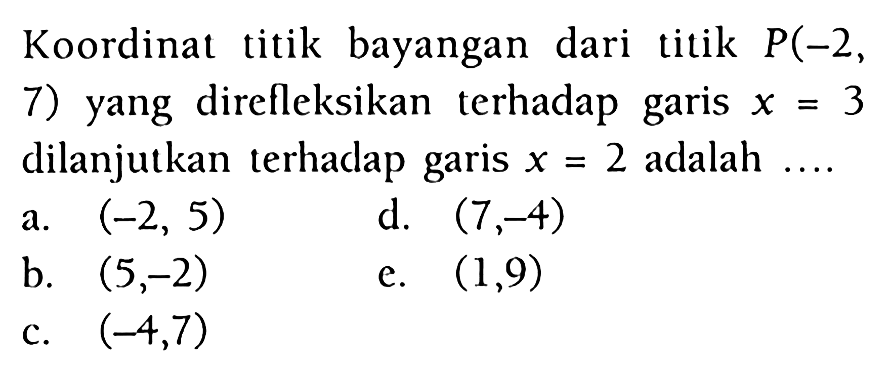 Koordinat titik bayangan dari titik P(-2,7) terhadap direfleksikan yang garis x = 3 dilanjutkan terhadap garis x = 2 adalah