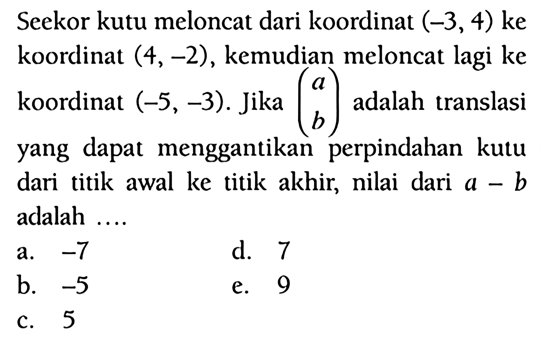 Seekor kutu meloncat dari koordinat (-3,4) ke koordinat (4,-2), kemudian meloncat lagi ke koordinat (-5,-3). Jika (a b) adalah translasi yang dapat menggantikan perpindahan kutu dari titik awal ke titik akhir, nilai dari a-b adalah ...