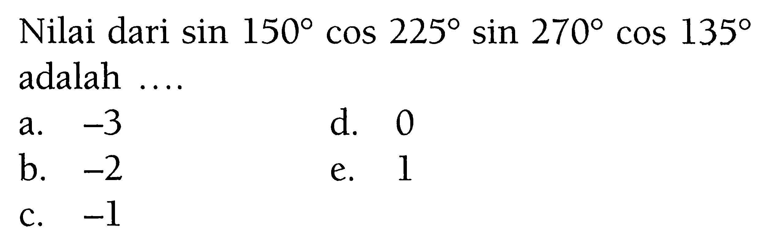 Nilai dari sin 150 cos 225 sin 270 cos 135 adalah ....