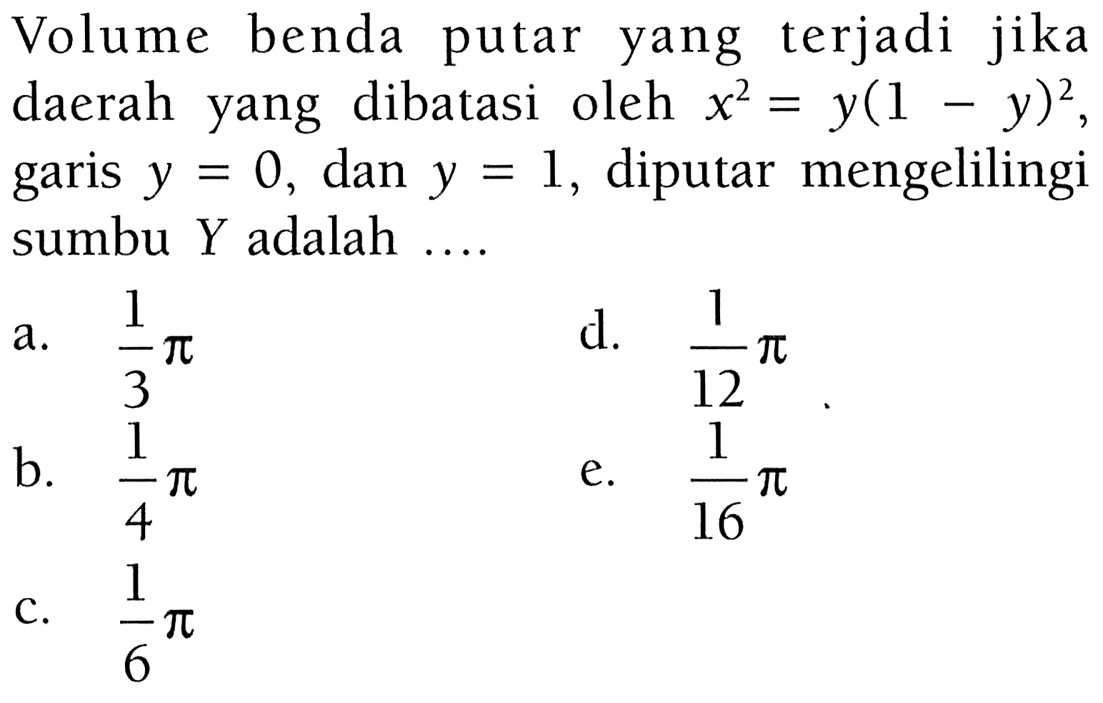 Volume benda putar yang terjadi jika daerah yang dibatasi oleh  x^2=y(1-y)^2 , garis  y=0 , dan  y=1 , diputar mengelilingi sumbu Y adalah ....