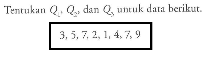 Tentukan Q1, Q2, dan Q3 untuk data berikut. 3, 5, 7, 2, 1, 4, 7, 9