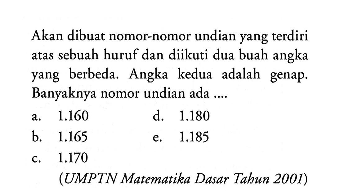 Akan dibuat nomor-nomor undian yang terdiri atas sebuah huruf dan diikuti dua buah angka yang berbeda. Angka kedua adalah genap. Banyaknya nomor undian ada ....