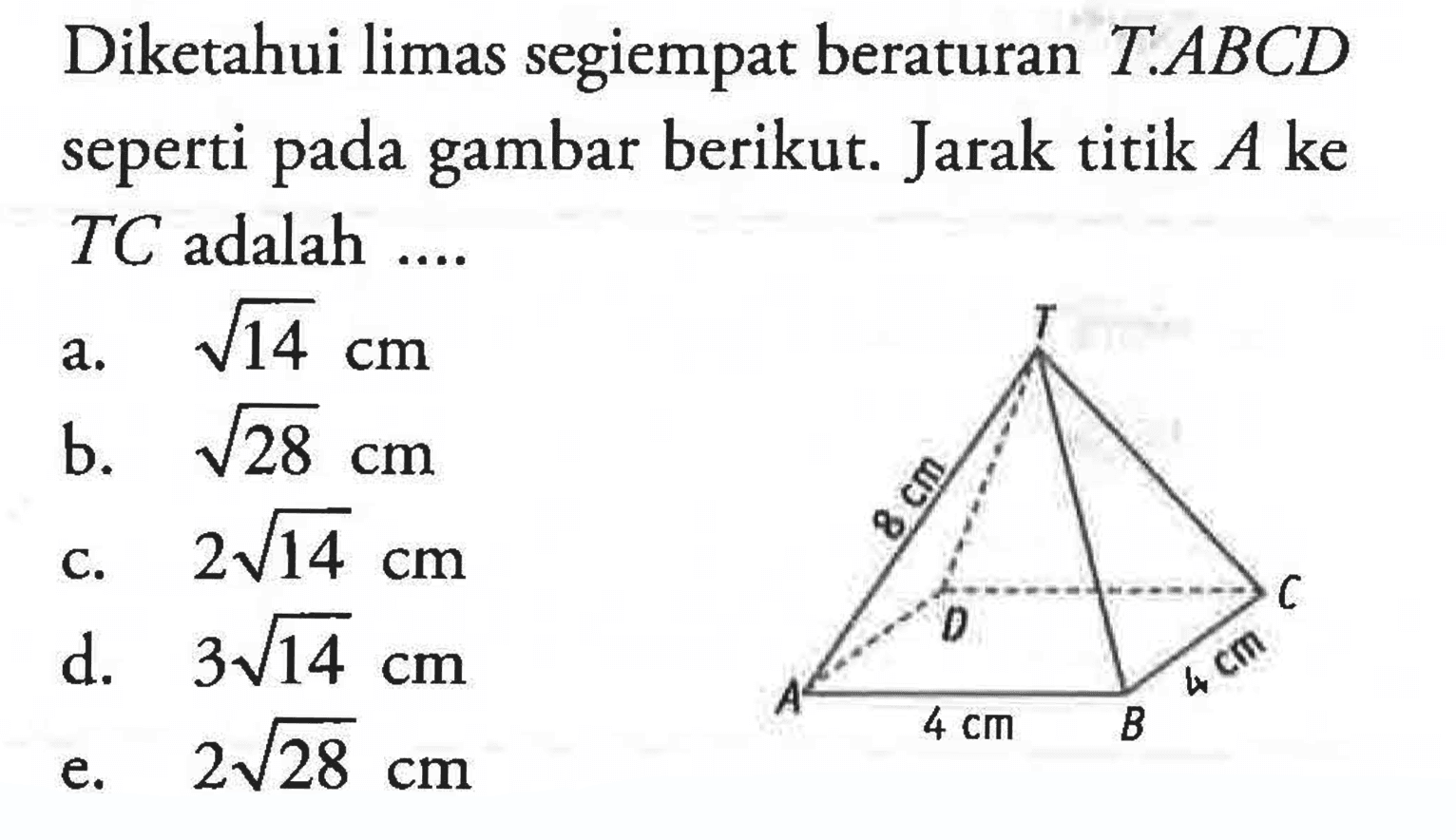 Diketahui limas segiempat beraturan T ABCD gambar berikut. Jarak titik A ke seperti pada TC adalah