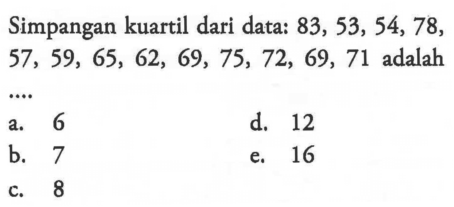 Simpangan kuartil dari data: 83, 53, 54, 78, 57, 59, 65, 62, 69, 75, 72, 69, 71 adalah