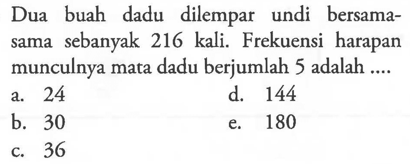 Dua buah dadu dilempar undi bersama-sama sebanyak  216 kali . Frekuensi harapan munculnya mata dadu berjumlah 5 adalah ....