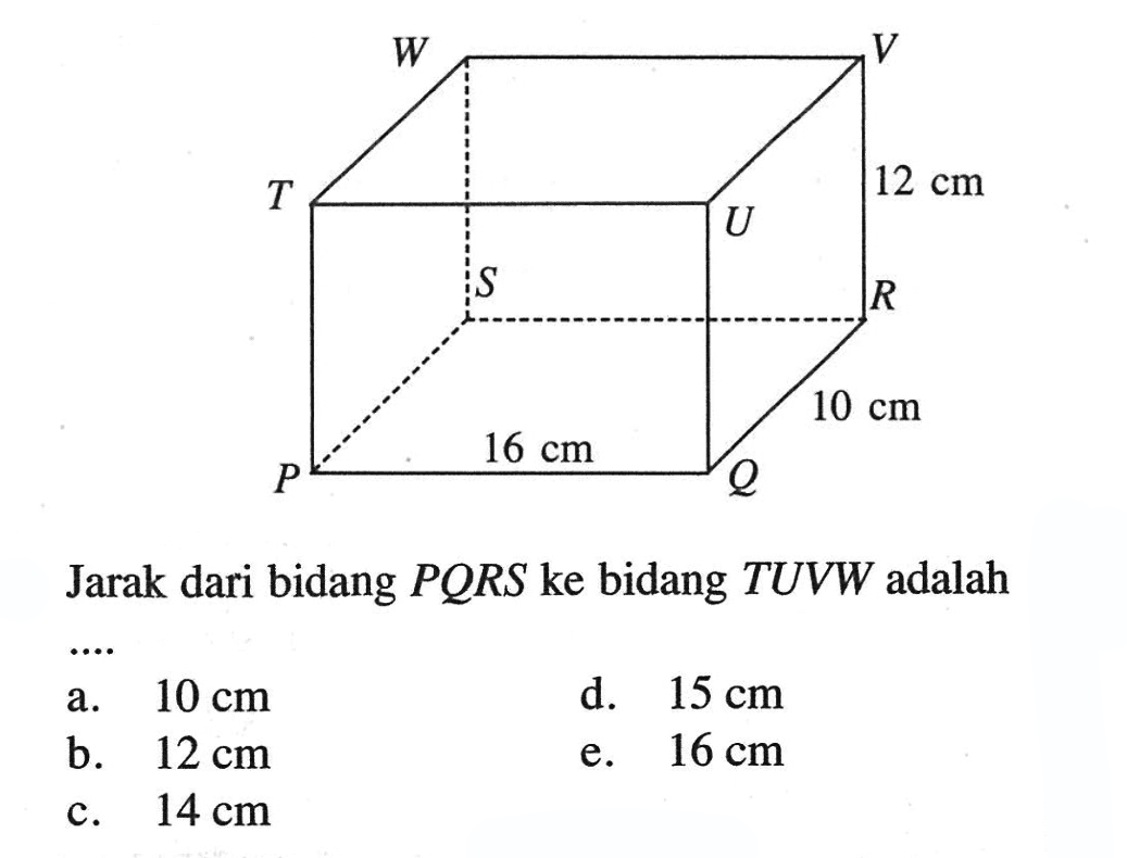 12 cm 10 cm 16 cm Jarak dari bidang PORS ke bidang TUVW adalah ....