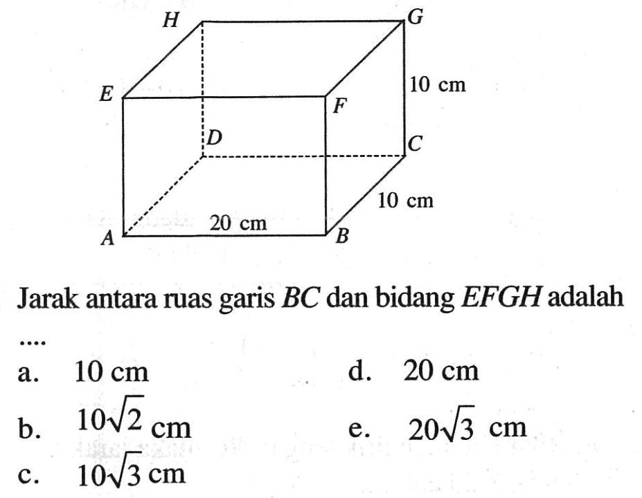 Jarak antara ruas garis BC dan bidang EFGH adalah ....