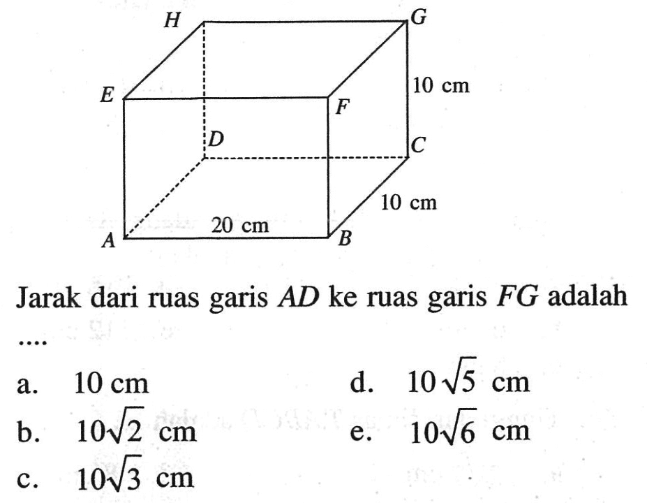 H 10 cm 10 cm 20 cm B Jarak dari ruas AD ke ruas garis FG adalah ....