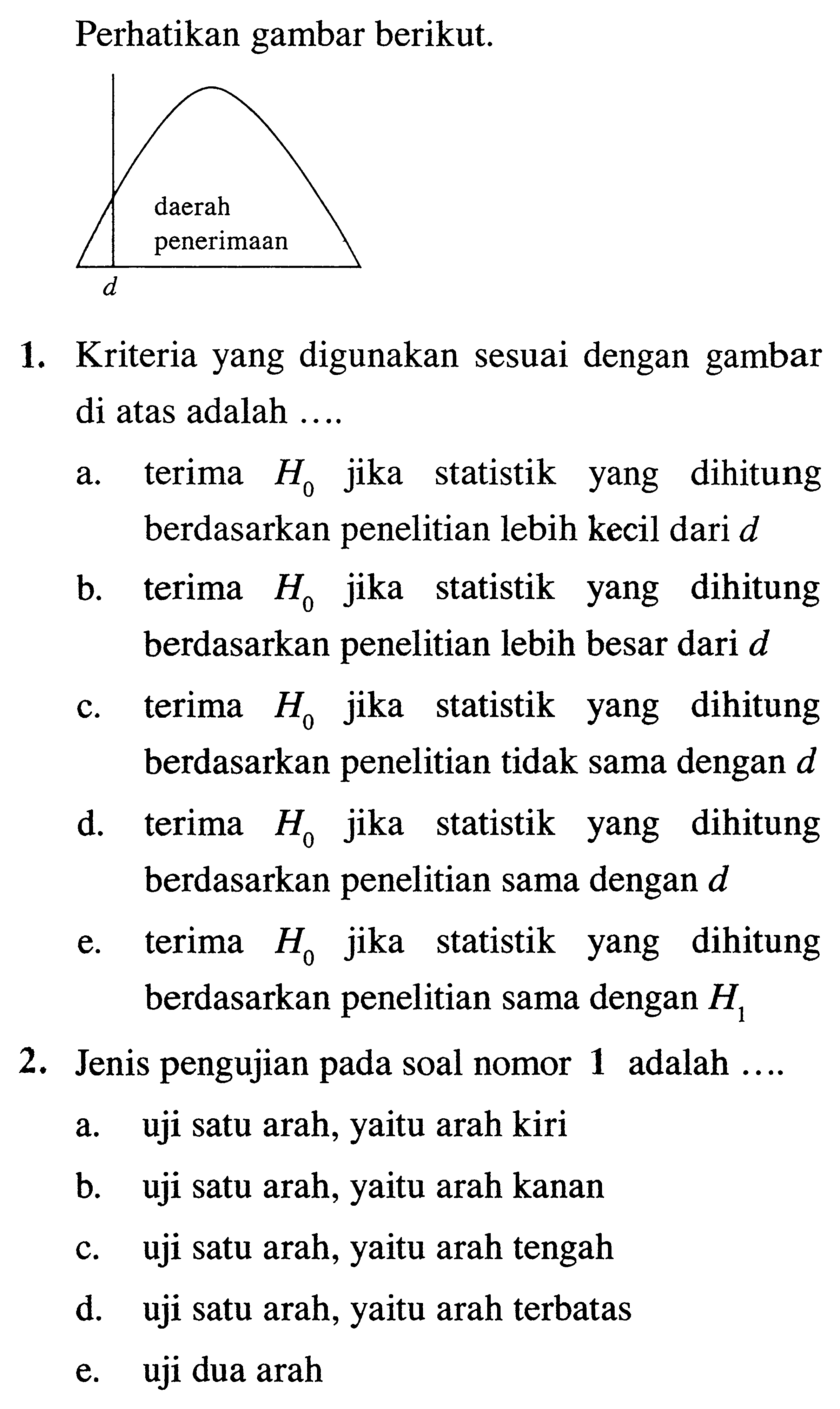 Perhatikan gambar berikut. daerah penerimaan1. Kriteria yang digunakan sesuai dengan gambar di atas adalah .... a. terima  H0  jika statistik yang dihitung berdasarkan penelitian lebih kecil dari  d b. terima  H0  jika statistik yang dihitung berdasarkan penelitian lebih besar dari  d c. terima  H0  jika statistik yang dihitung berdasarkan penelitian tidak sama dengan d d. terima  H0  jika statistik yang dihitung berdasarkan penelitian sama dengan d e. terima  H0  jika statistik yang dihitung berdasarkan penelitian sama dengan H1 2. Jenis pengujian pada soal nomor 1 adalah .... a. uji satu arah, yaitu arah kiri b. uji satu arah, yaitu arah kanan c. uji satu arah, yaitu arah tengah d. uji satu arah, yaitu arah terbatas e. uji dua arah 