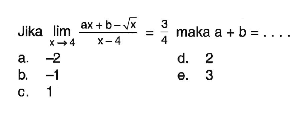 Jika lim x->4 (ax+b-akar(x))/(x-4)=3/4, maka a+b=..