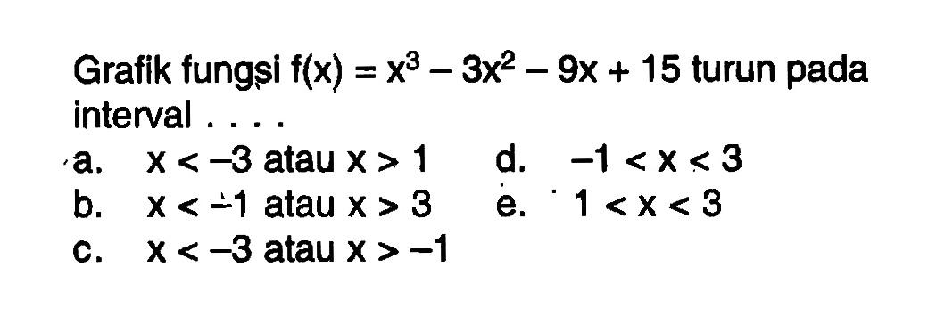 Grafik fungsi  f(x)=x^3-3x^2-9x+15  turun padainterval ....