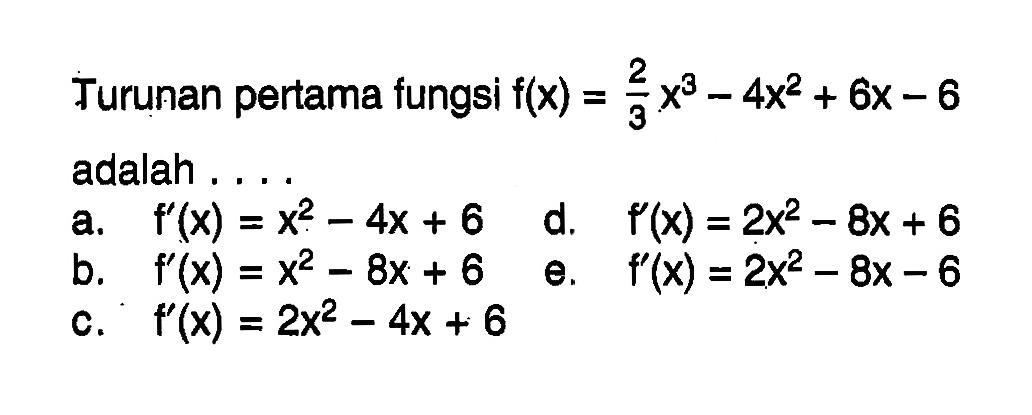 Turunan pertama fungsi f(x)=2/3x^3-4x^2+6x-6 adalah ....