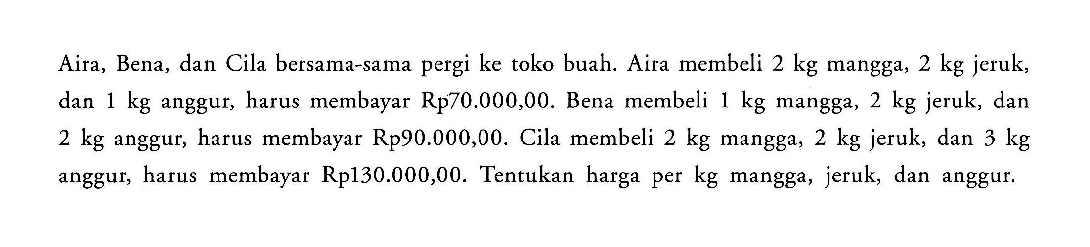 Aira, Bena, dan Cila bersama-sama pergi ke toko buah. Aira membeli 2 kg mangga, 2 kg jeruk, dan 1 kg anggur, harus membayar Rp70.000,00. Bena membeli 1 kg mangga, 2 kg jeruk, dan 2 kg anggur, harus membayar Rp90.000,00. Cila membeli 2 kg mangga, 2 kg jeruk, dan 3 kg anggur, harus membayar Rp130.000,00. Tentukan harga per kg mangga, jeruk, dan anggur.