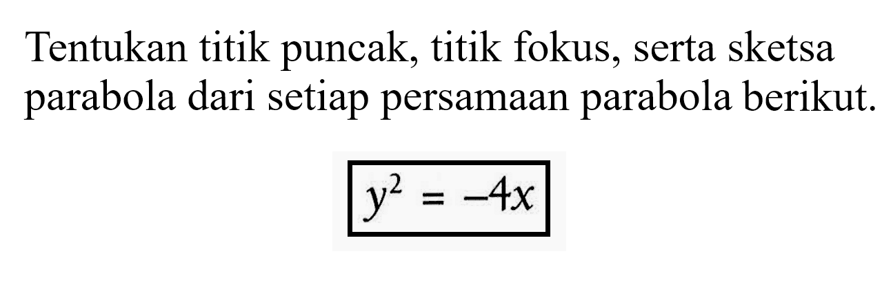 Tentukan titik puncak, titik fokus, serta sketsa parabola dari setiap persamaan parabola berikut. y^2=-4x