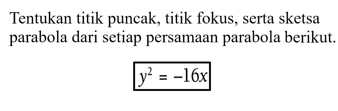 Tentukan titik puncak, titik fokus, serta sketsa parabola dari setiap persamaan parabola berikut: y^2= -16x