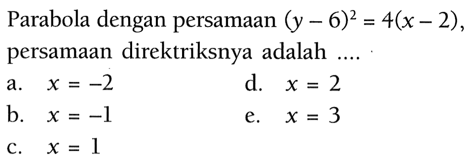 Parabola dengan persamaan (y-6)^2=4(x-2), persamaan direktriksnya adalah .... 