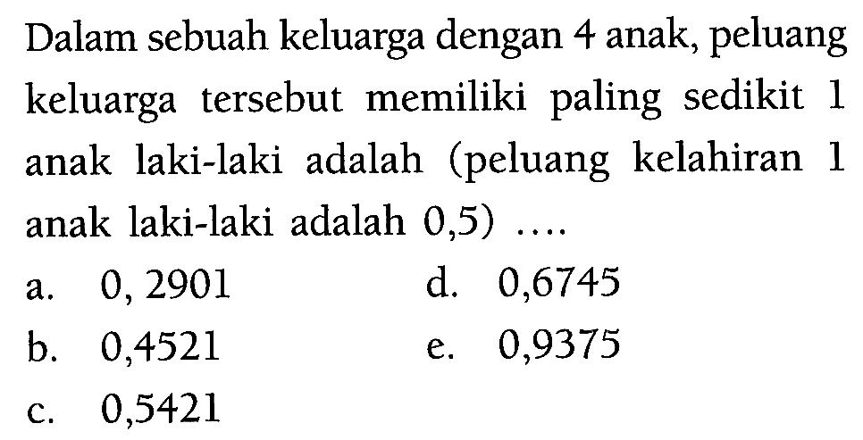 Dalam sebuah keluarga dengan 4 anak, peluang keluarga tersebut memiliki paling sedikit 1 anak laki-laki adalah (peluang kelahiran 1 anak laki-laki adalah 0,5) ....