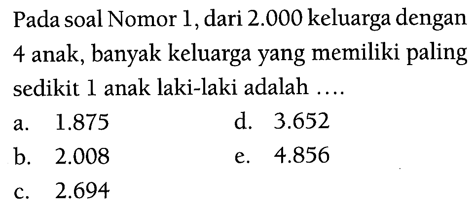 Pada soal Nomor 1 , dari  2.000  keluarga dengan 4 anak, banyak keluarga yang memiliki paling sedikit 1 anak laki-laki adalah ....