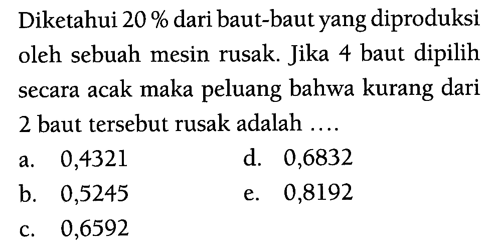 Diketahui 20 % dari baut-baut yang diproduksi oleh sebuah mesin rusak. Jika 4 baut dipilih secara acak maka peluang bahwa kurang dari 2 baut tersebut rusak adalah .... 