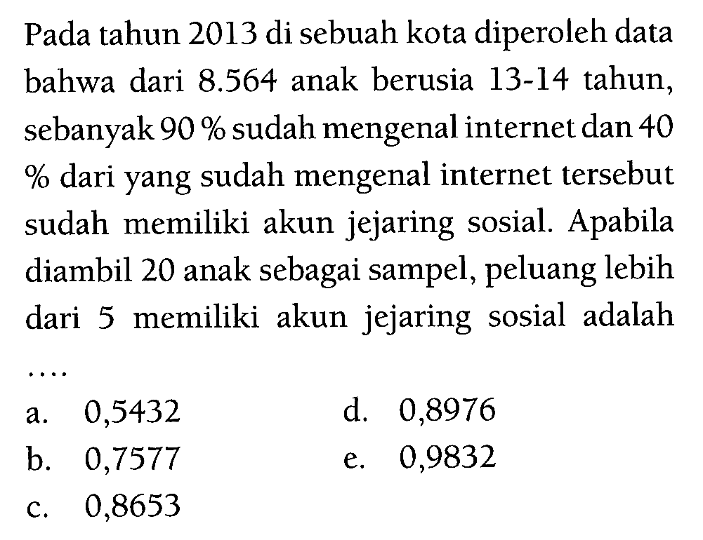 Pada tahun 2013 di sebuah kota diperoleh data bahwa dari 8.564 anak berusia 13-14 tahun, sebanyak 90 % sudah mengenal internet dan 40 % dari yang sudah mengenal internet tersebut sudah memiliki akun jejaring sosial. Apabila diambil 20 anak sebagai sampel, peluang lebih dari 5 memiliki akun jejaring sosial adalah