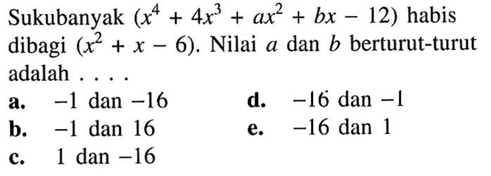 Sukubanyak (x^4+4x^3+ax^2+bx-12) habis dibagi (x^2+x-6). Nilai a dan b berturut-turut a adalah ....