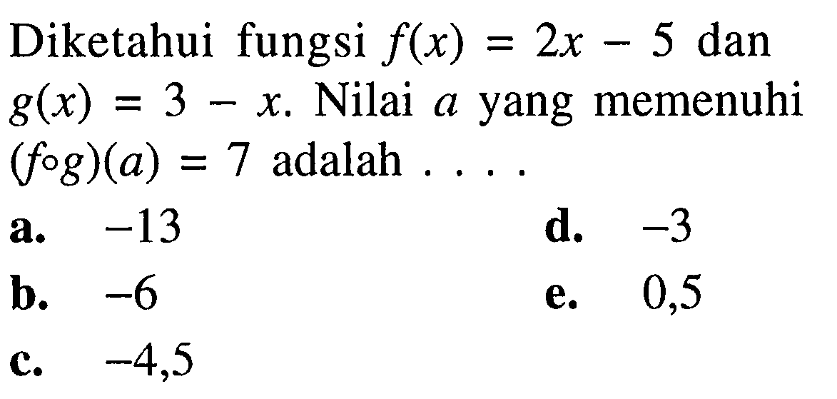 Diketahui fungsi f(x)=2x-5 dan g(x)=3-x. Nilai a yang memenuhi (fog)(a)=7 adalah  ... 