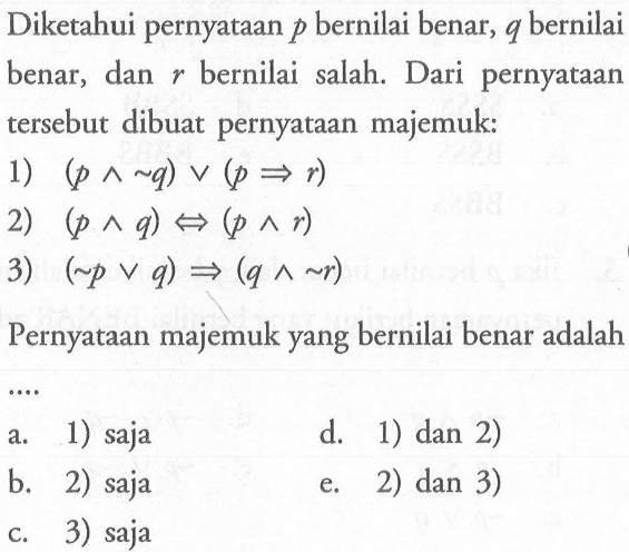 Diketahui pernyataan p bernilai benar, q bernilai benar, dan r bernilai salah. Dari pernyataan tersebut dibuat pernyataan majemuk:1) (p ^ ~q) } v (p -> r)2) (p ^ q) } <=>(p ^ r)3) (~p v q) => (q ^ ~r)Pernyataan majemuk yang bernilai benar adalah