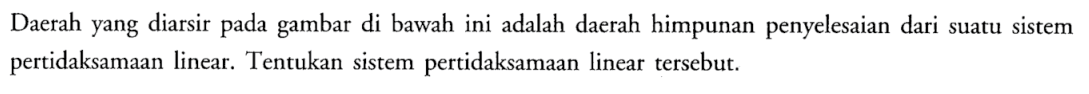 Daerah yang diarsir pada gambar di bawah ini adalah daerah himpunan penyelesaian dari suatu sistem pertidaksamaan linear. Tentukan sistem pertidaksamaan linear tersebut.