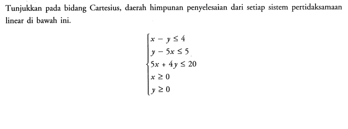 Tunjukkan bidang Cartesius, daerah himpunan penyelesaian dari setiap sistem pertidaksamaan pada linear di bawah ini. x -y <= 4 y- 5x <= 5 5x + 4y <= 20 x >= 0 y >= 0