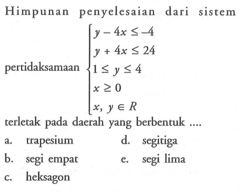 Himpunan penyelesaian dari sistem pertidaksamaan  {y - 4x <= -4  y + 4x <= 24  1 <= y <= 4  x >= 0  x, y e R.  terletak pada daerah yang berbentuk ....