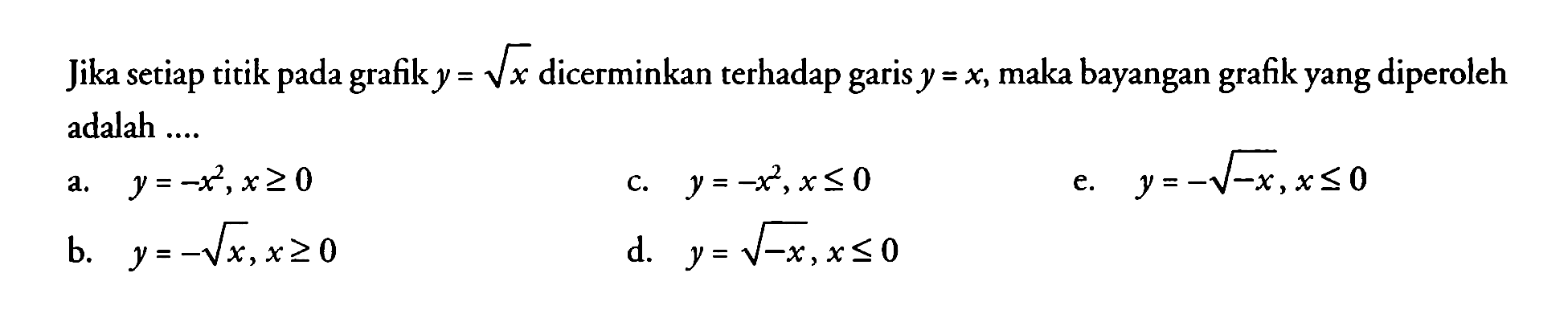 Jika setiap titik pada grafik y=akar(x) dicerminkan terhadap garis y=x, maka bayangan grafik yang diperoleh adalah ...