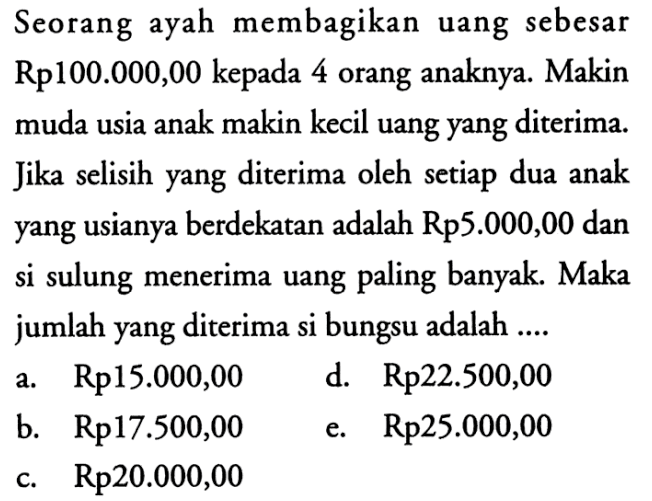 Seorang ayah membagikan uang sebesar Rp100.000,00 kepada 4 orang anaknya. Makin muda usia anak makin kecil uang yang diterima. Jika selisih yang diterima oleh setiap dua anak yang usianya berdekatan adalah Rp 5.000,00 dan si sulung menerima uang paling banyak. Maka jumlah yang diterima si bungsu adalah ....