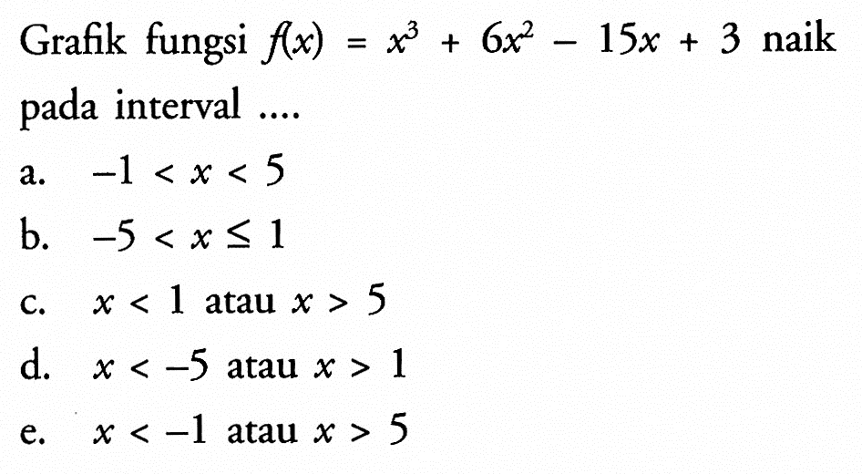 Grafik fungsi f(x)=x^3+6x^2-15x+3 naik pada interval....