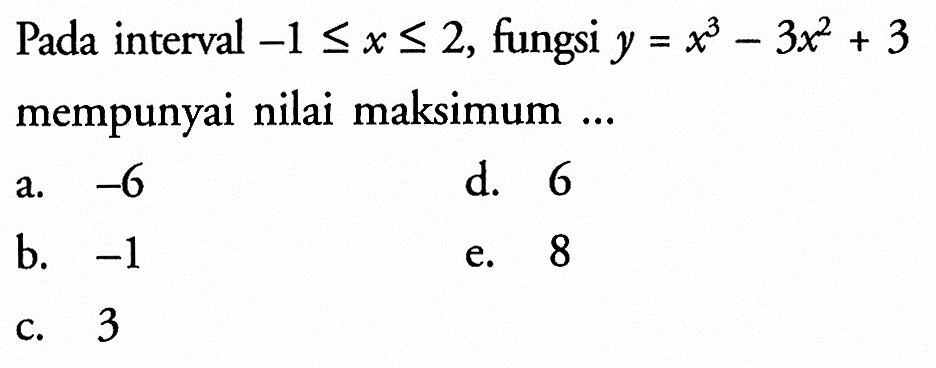 Pada interval -1<=x<= 2, fungsi y=x^3-3 x^2+3 mempunyai nilai maksimum ...